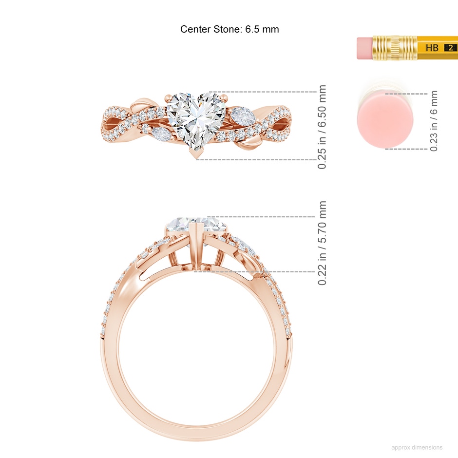 6.5mm GVS2 Nature-Inspired Heart and Marquise Diamond Side Stone Engagement Ring in Rose Gold ruler