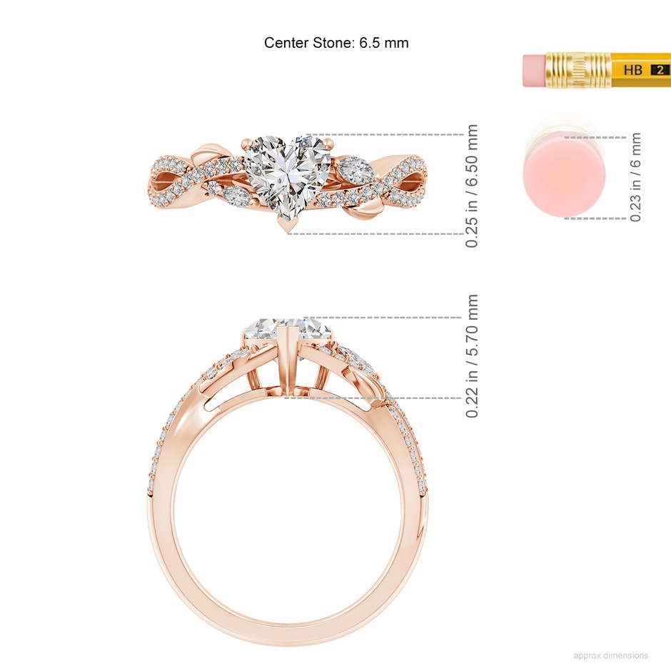 6.5mm IJI1I2 Nature-Inspired Heart and Marquise Diamond Side Stone Engagement Ring in Rose Gold ruler