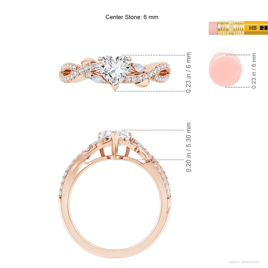 6mm GVS2 Nature-Inspired Heart and Marquise Diamond Side Stone Engagement Ring in Rose Gold ruler