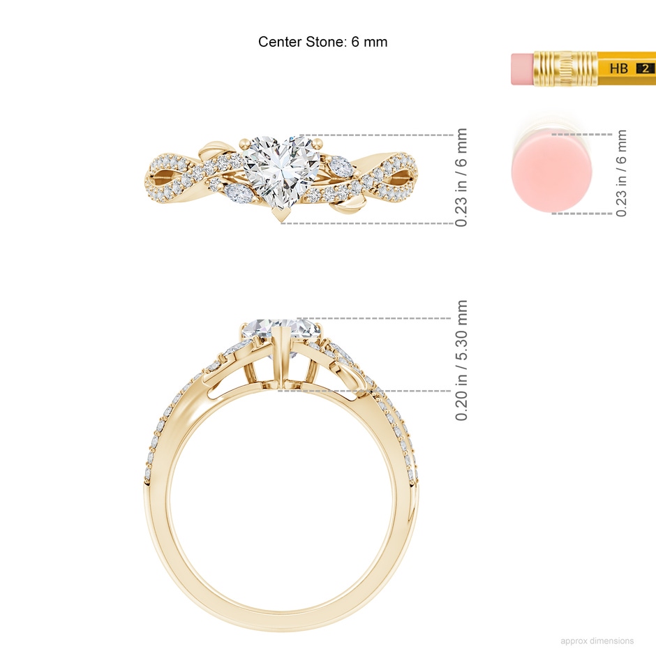 6mm HSI2 Nature-Inspired Heart and Marquise Diamond Side Stone Engagement Ring in Yellow Gold ruler