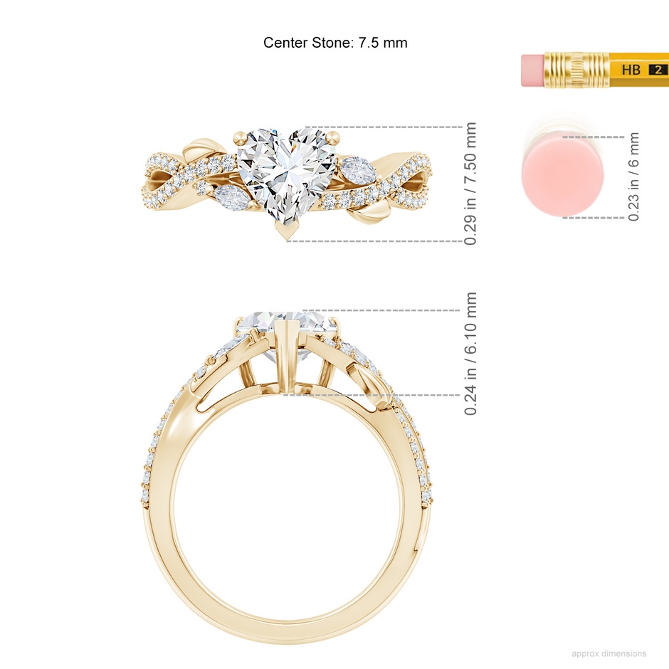 7.5mm GVS2 Nature-Inspired Heart and Marquise Diamond Side Stone Engagement Ring in 9K Yellow Gold ruler