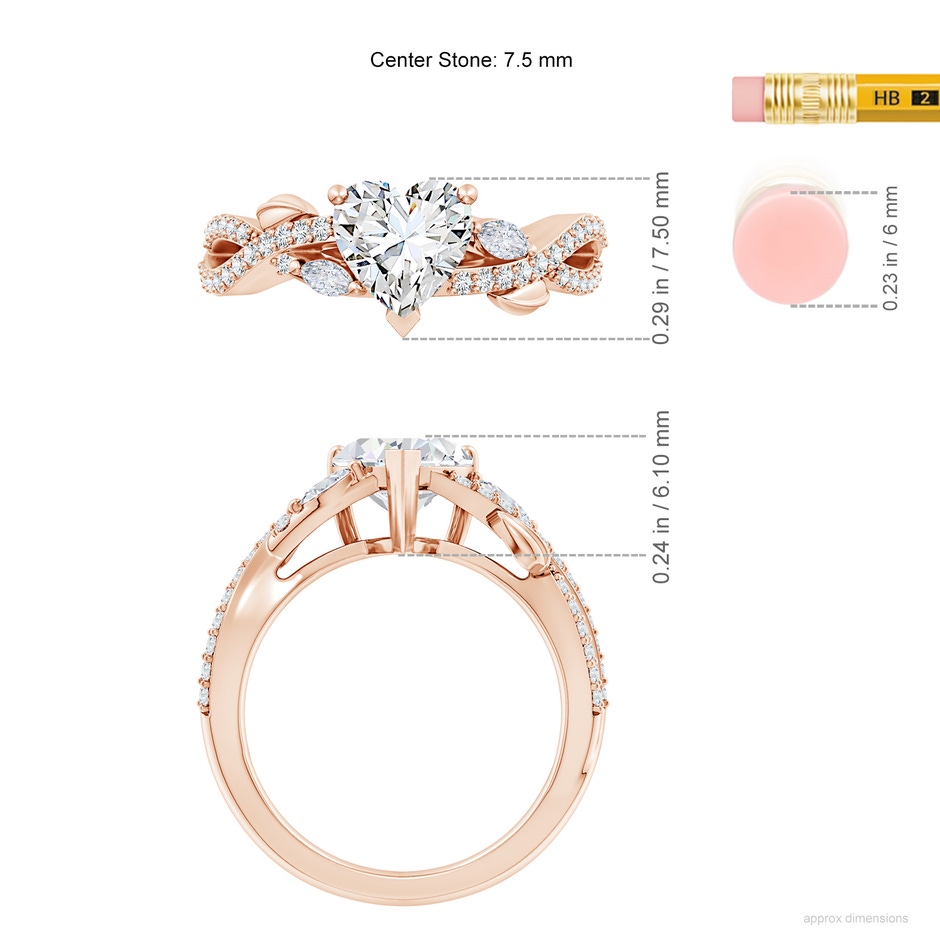 7.5mm GVS2 Nature-Inspired Heart and Marquise Diamond Side Stone Engagement Ring in Rose Gold ruler