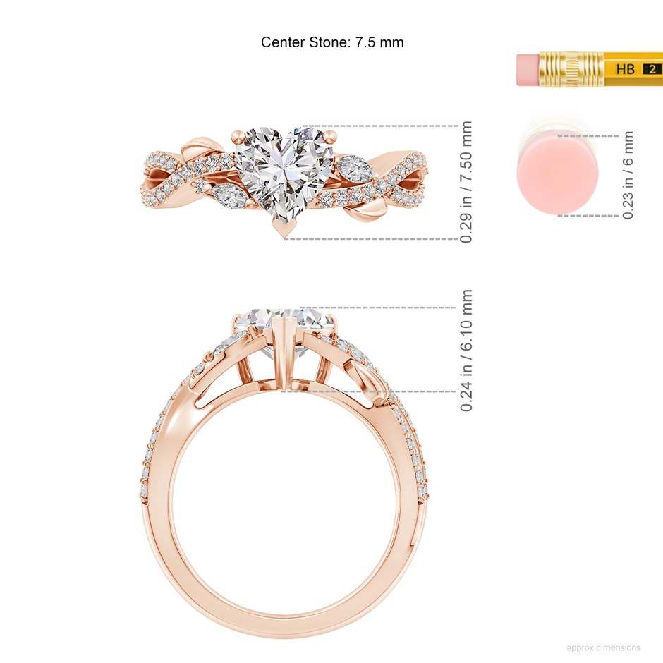 7.5mm IJI1I2 Nature-Inspired Heart and Marquise Diamond Side Stone Engagement Ring in Rose Gold ruler