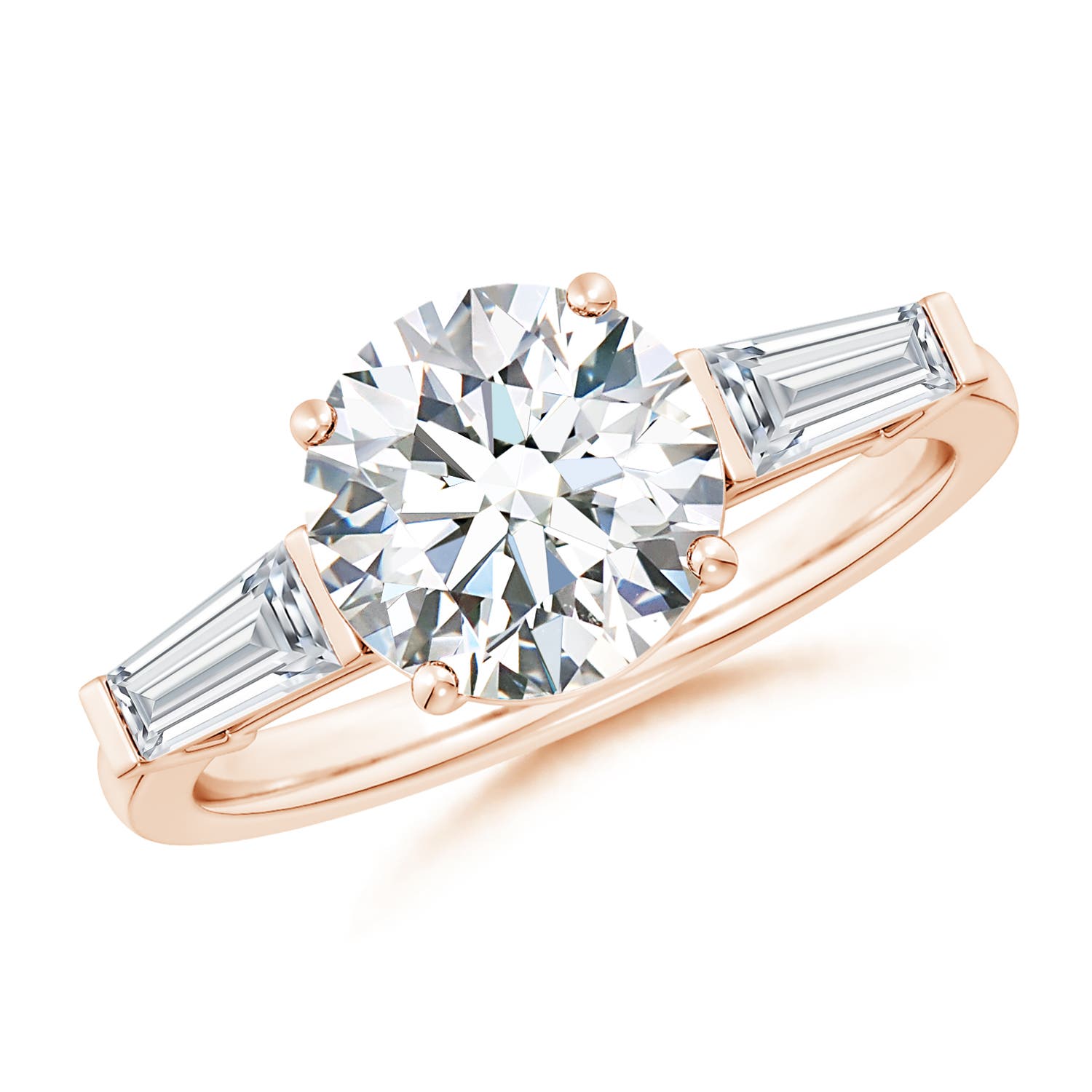 8.9mm GVS2 Round and Tapered Baguette Diamond Side Stone Engagement Ring in Rose Gold