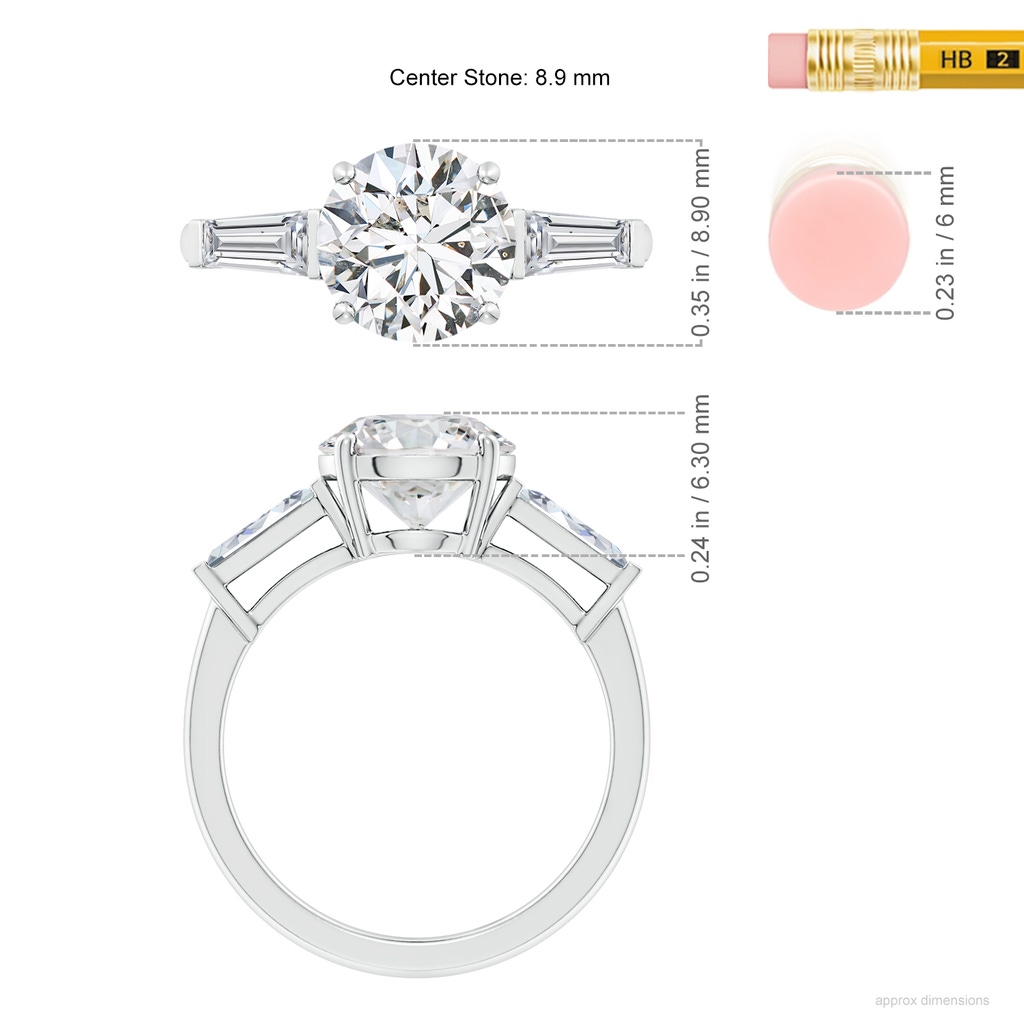 8.9mm HSI2 Round and Tapered Baguette Diamond Side Stone Engagement Ring in White Gold ruler