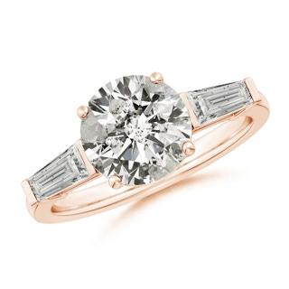 8.9mm KI3 Round and Tapered Baguette Diamond Side Stone Engagement Ring in Rose Gold