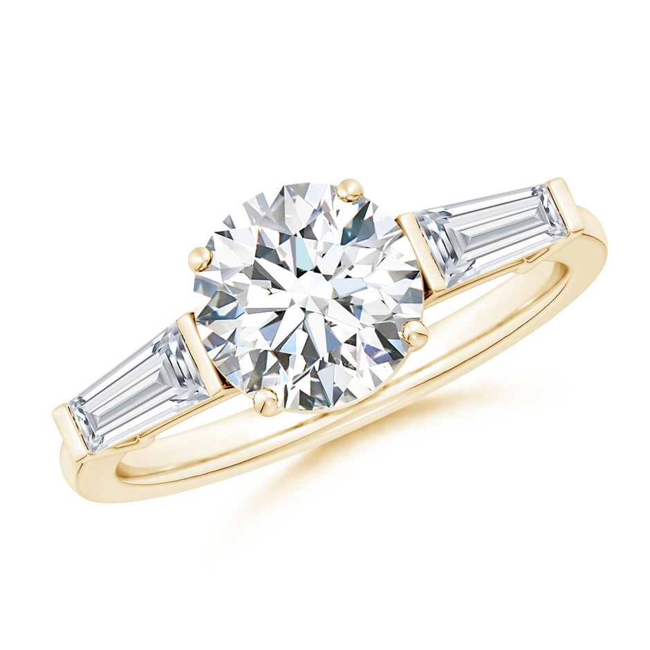8mm GVS2 Round and Tapered Baguette Diamond Side Stone Engagement Ring in Yellow Gold 