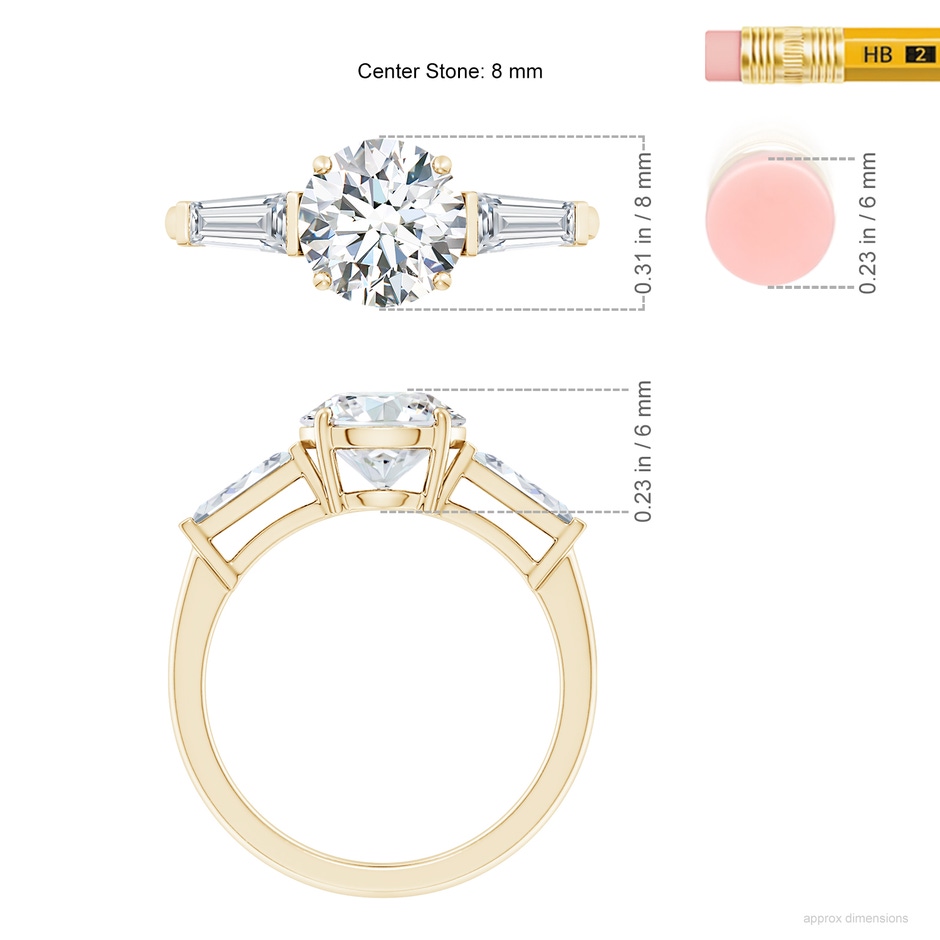 8mm GVS2 Round and Tapered Baguette Diamond Side Stone Engagement Ring in Yellow Gold ruler