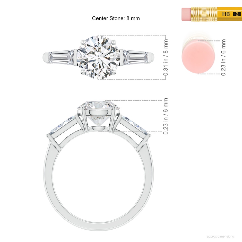 8mm HSI2 Round and Tapered Baguette Diamond Side Stone Engagement Ring in White Gold ruler