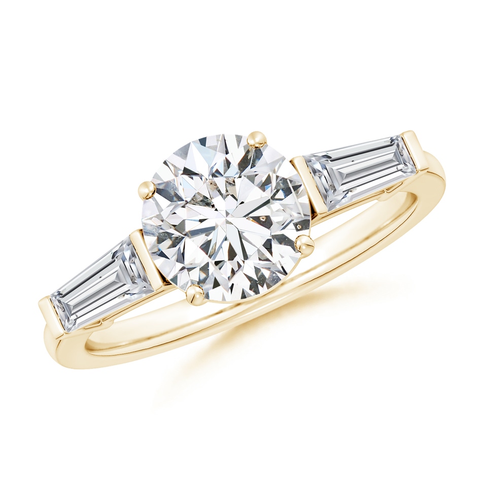 8mm HSI2 Round and Tapered Baguette Diamond Side Stone Engagement Ring in Yellow Gold 