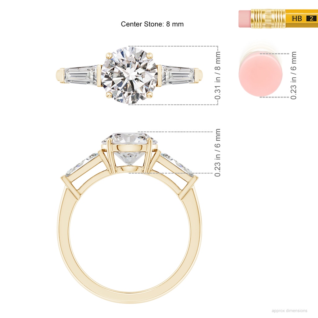 8mm IJI1I2 Round and Tapered Baguette Diamond Side Stone Engagement Ring in Yellow Gold ruler