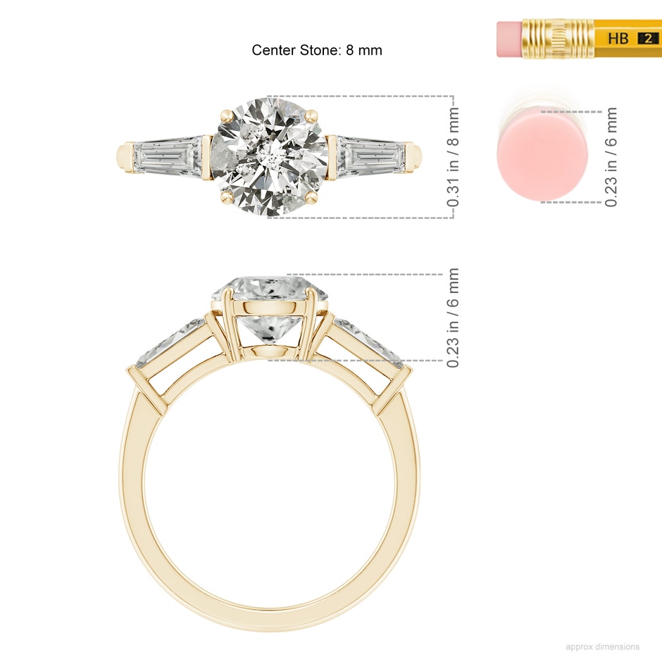 8mm KI3 Round and Tapered Baguette Diamond Side Stone Engagement Ring in Yellow Gold ruler