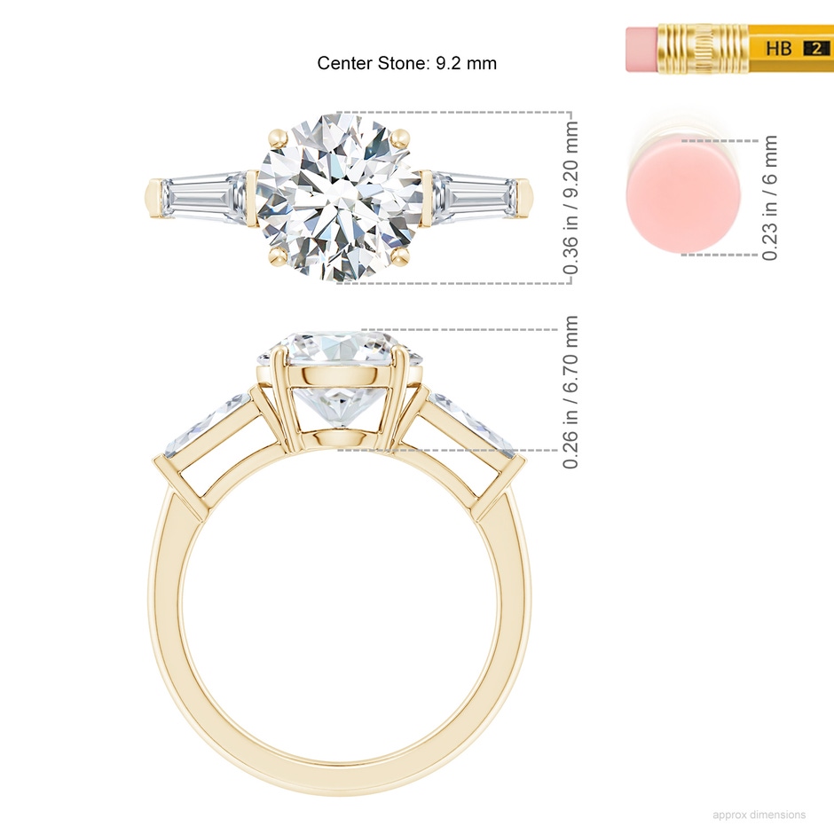 9.2mm GVS2 Round and Tapered Baguette Diamond Side Stone Engagement Ring in Yellow Gold ruler
