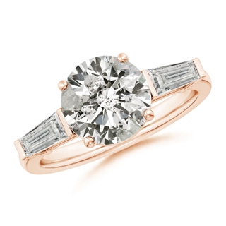 9.2mm KI3 Round and Tapered Baguette Diamond Side Stone Engagement Ring in Rose Gold