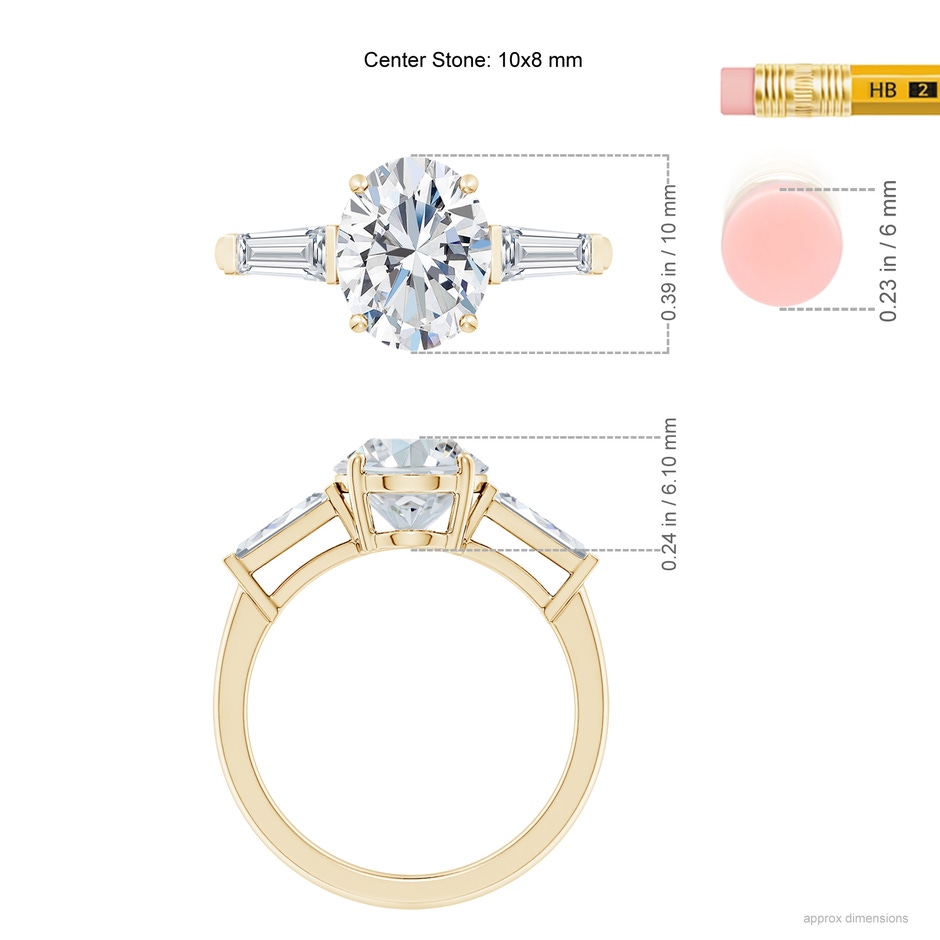 10x8mm GVS2 Oval and Tapered Baguette Diamond Side Stone Engagement Ring in Yellow Gold ruler
