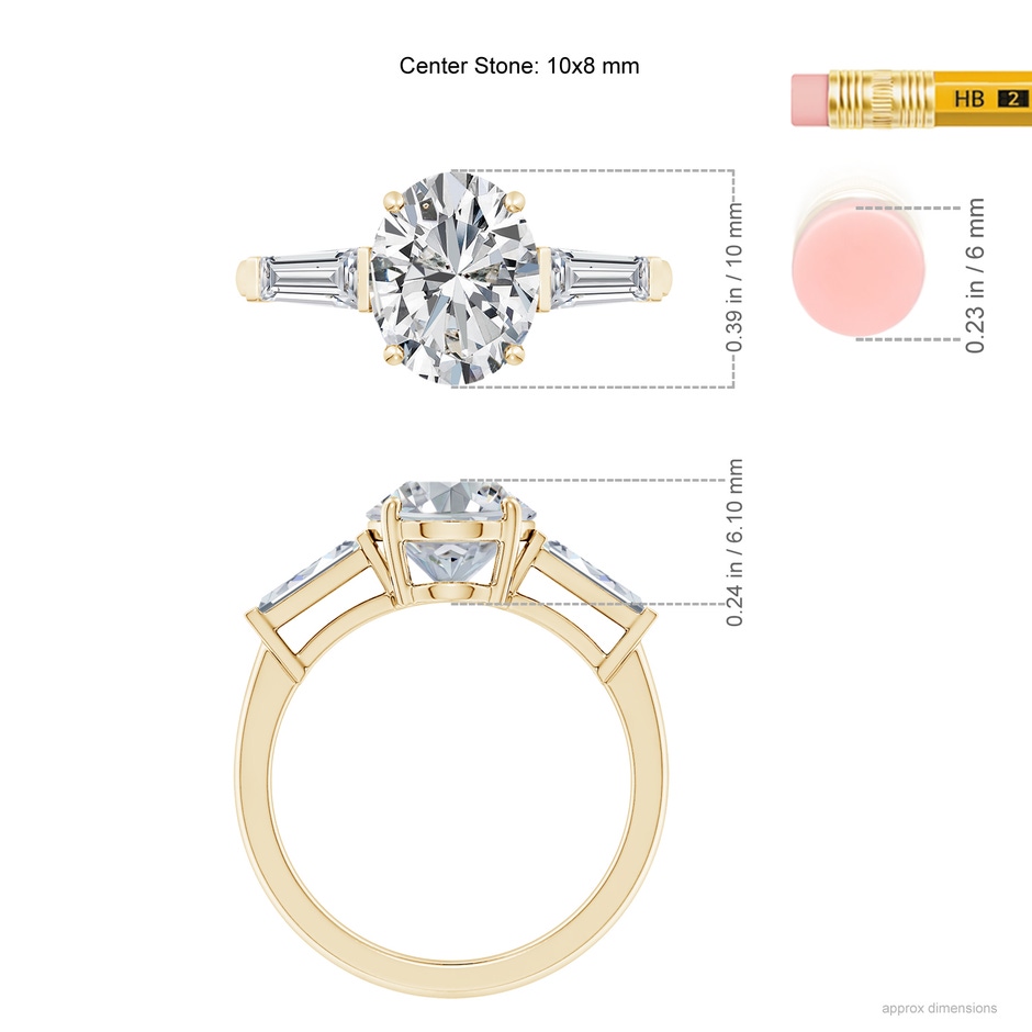 10x8mm HSI2 Oval and Tapered Baguette Diamond Side Stone Engagement Ring in Yellow Gold ruler