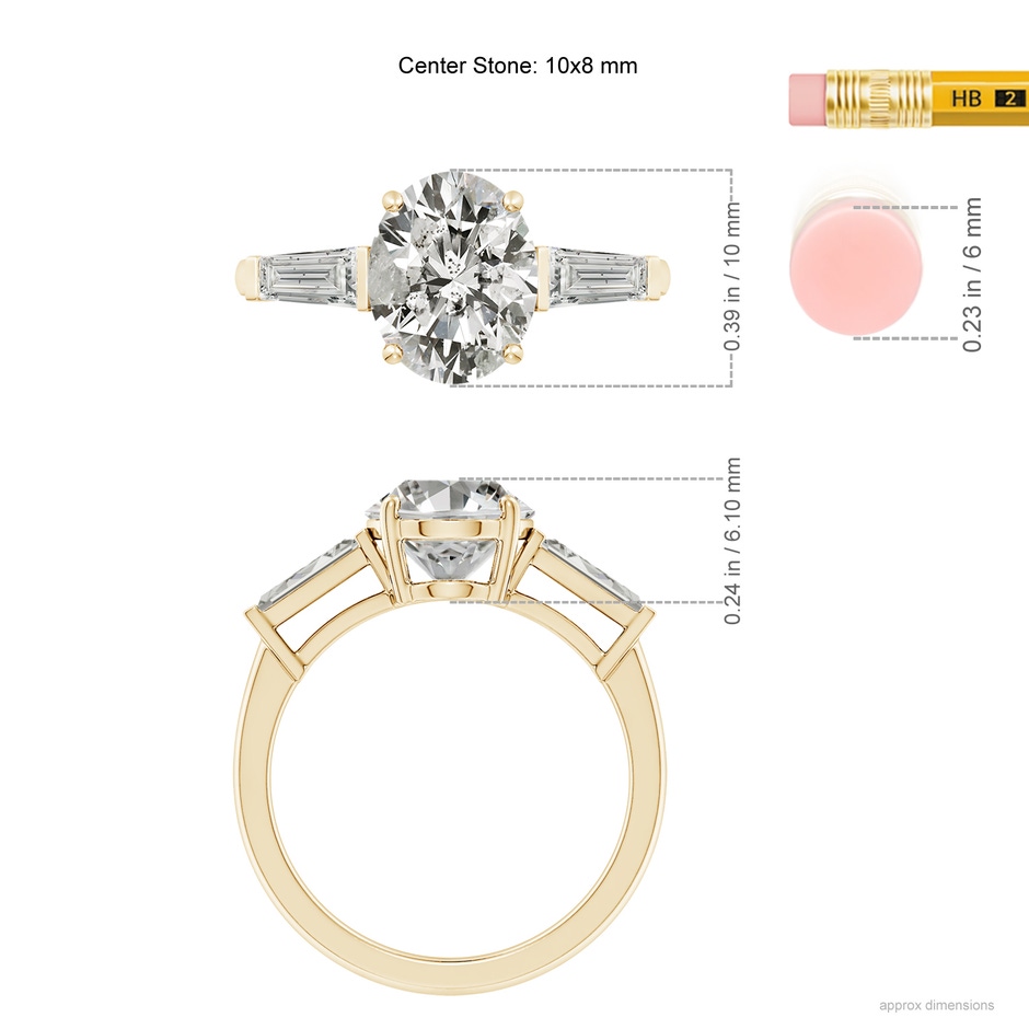 10x8mm KI3 Oval and Tapered Baguette Diamond Side Stone Engagement Ring in Yellow Gold ruler
