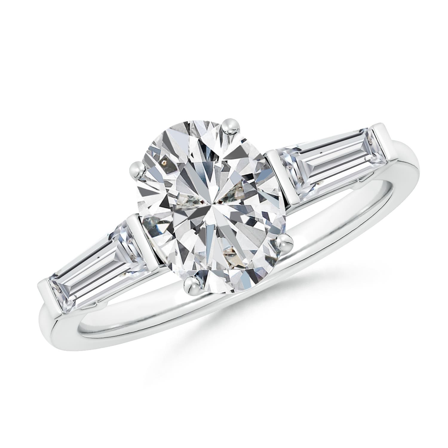 Angara 2.26 CTW Oval and Tapered Baguette Diamond Side Stone Engagement Ring in 18K White Gold