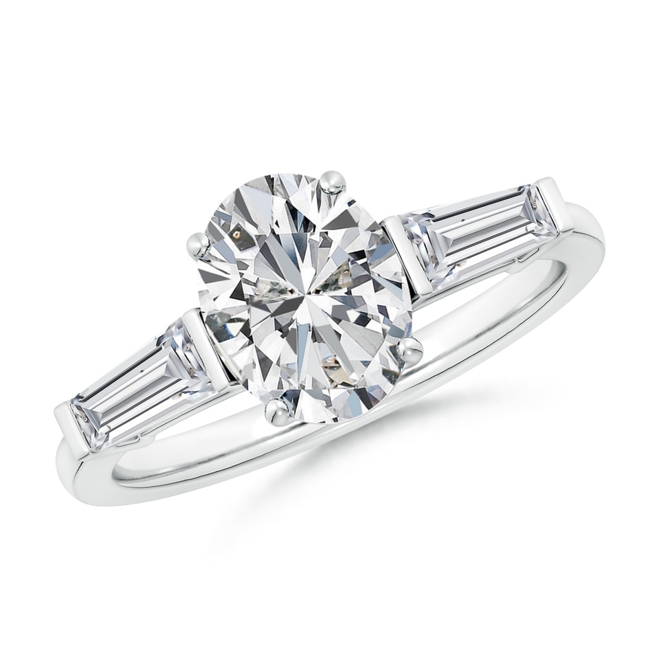 9x7mm HSI2 Oval and Tapered Baguette Diamond Side Stone Engagement Ring in White Gold 