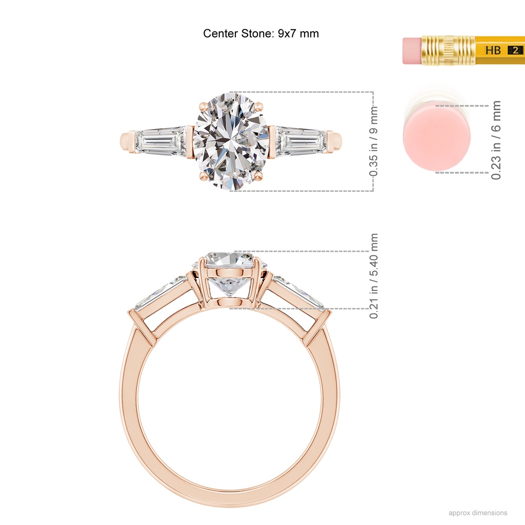 9x7mm IJI1I2 Oval and Tapered Baguette Diamond Side Stone Engagement Ring in Rose Gold ruler