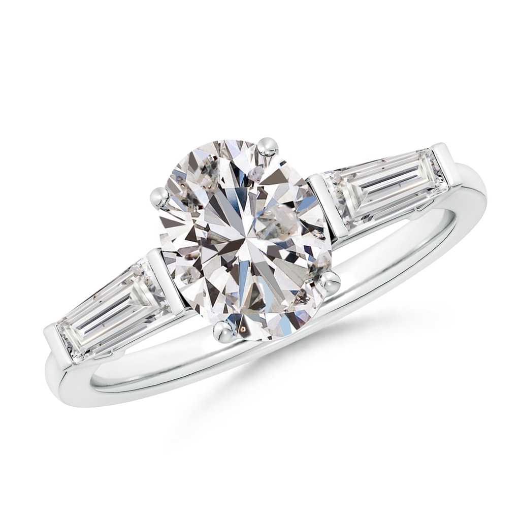 9x7mm IJI1I2 Oval and Tapered Baguette Diamond Side Stone Engagement Ring in White Gold