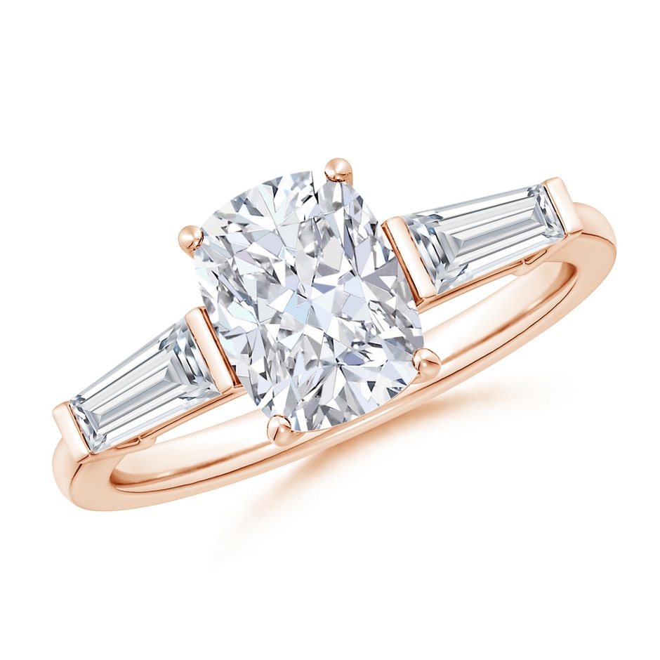 8.5x6.5mm GVS2 Cushion Rectangular and Tapered Baguette Diamond Side Stone Engagement Ring in Rose Gold 