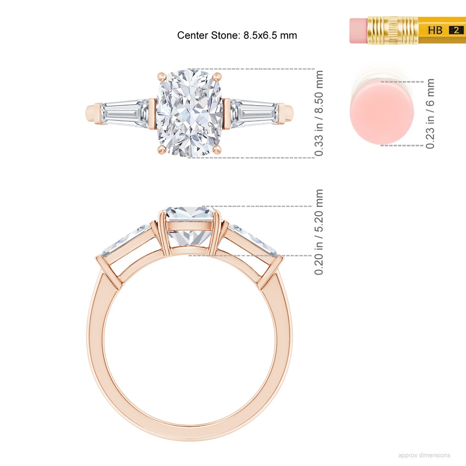 8.5x6.5mm GVS2 Cushion Rectangular and Tapered Baguette Diamond Side Stone Engagement Ring in Rose Gold ruler