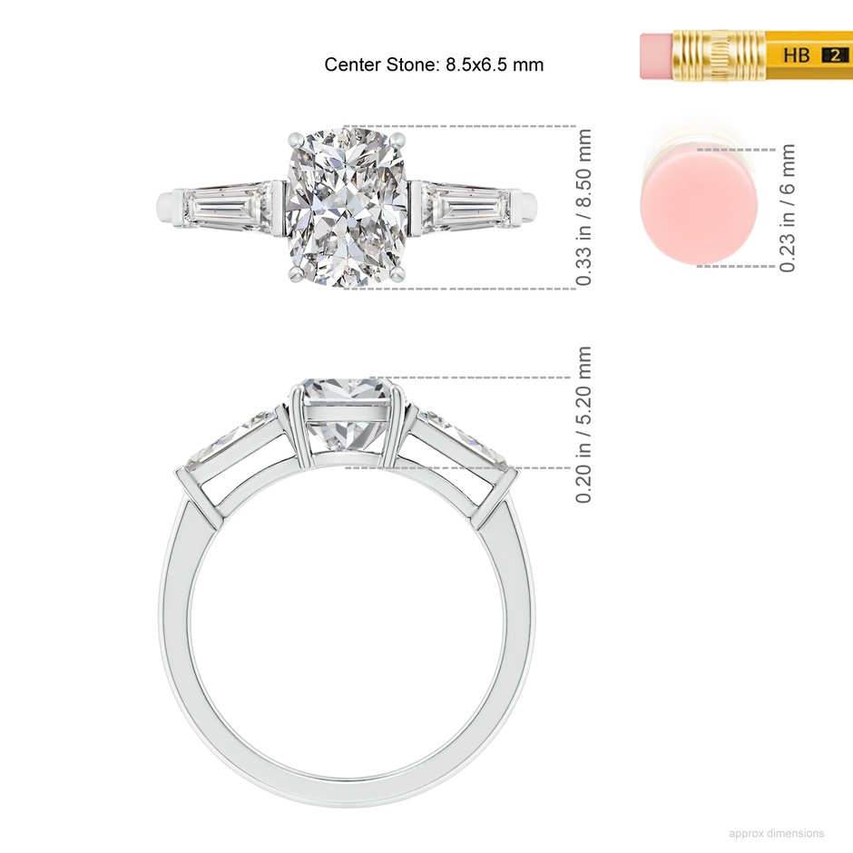 8.5x6.5mm IJI1I2 Cushion Rectangular and Tapered Baguette Diamond Side Stone Engagement Ring in White Gold ruler