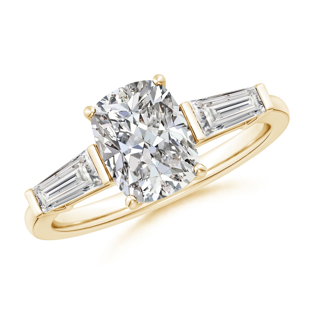 8.5x6.5mm IJI1I2 Cushion Rectangular and Tapered Baguette Diamond Side Stone Engagement Ring in Yellow Gold