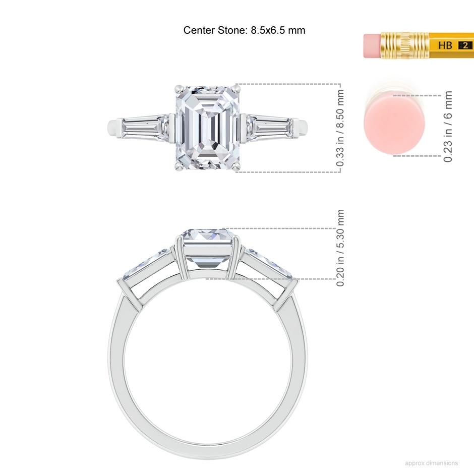 8.5x6.5mm HSI2 Emerald-Cut and Tapered Baguette Diamond Side Stone Engagement Ring in P950 Platinum ruler