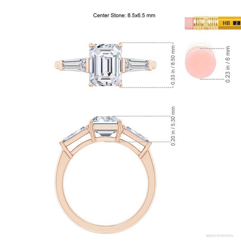 8.5x6.5mm HSI2 Emerald-Cut and Tapered Baguette Diamond Side Stone Engagement Ring in Rose Gold ruler