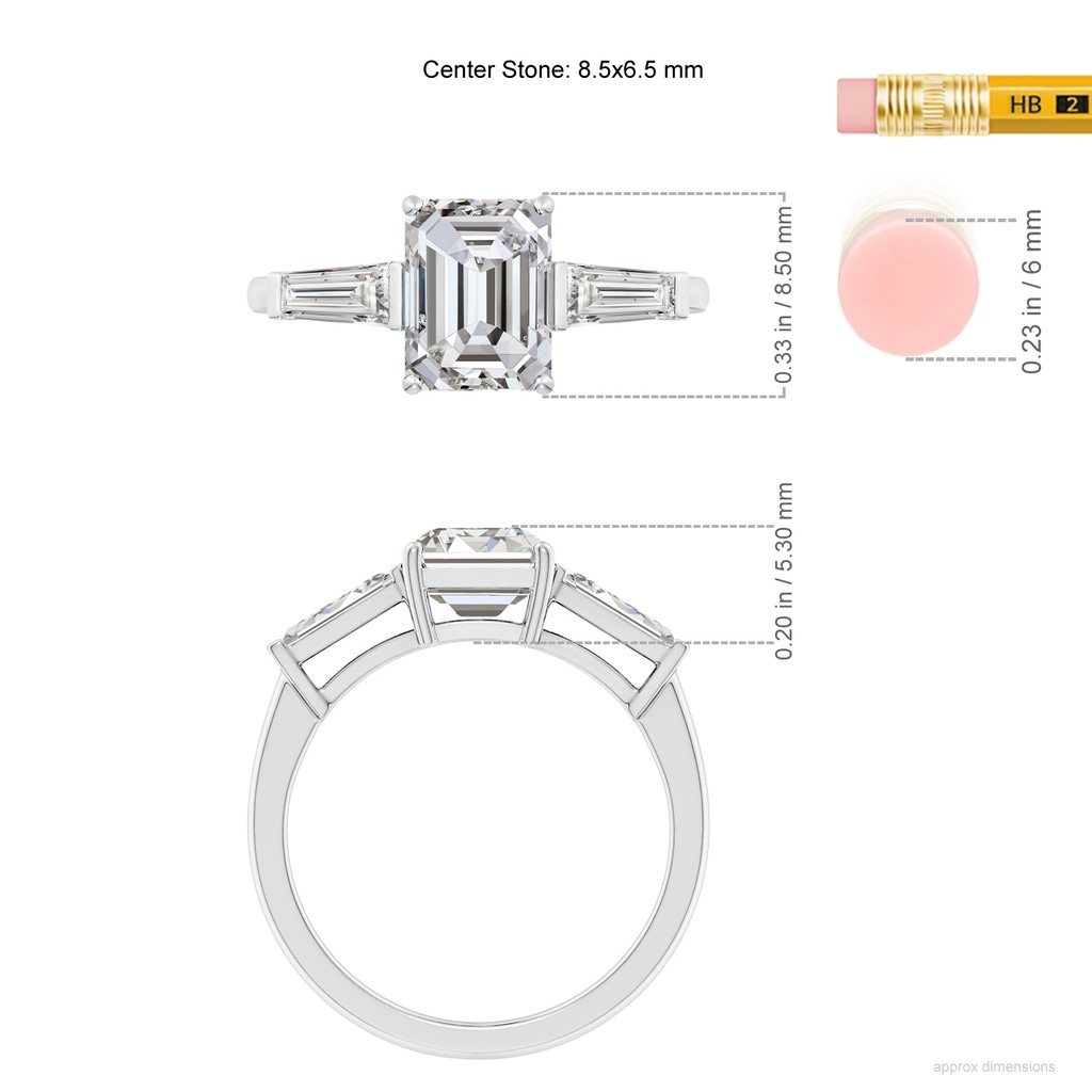 8.5x6.5mm IJI1I2 Emerald-Cut and Tapered Baguette Diamond Side Stone Engagement Ring in White Gold ruler