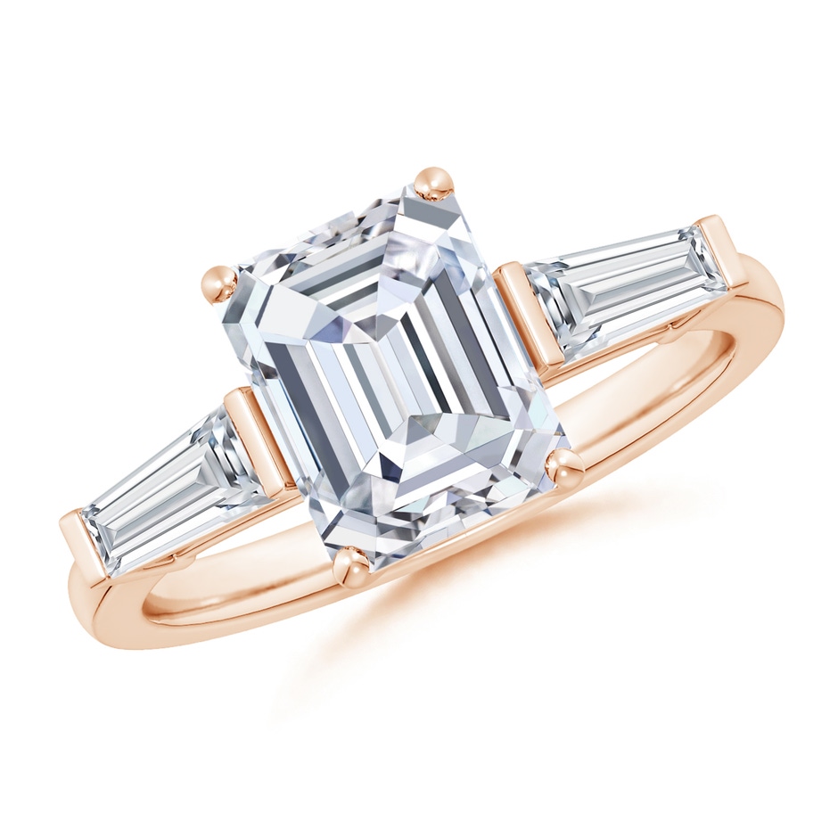 9x7mm GVS2 Emerald-Cut and Tapered Baguette Diamond Side Stone Engagement Ring in Rose Gold 