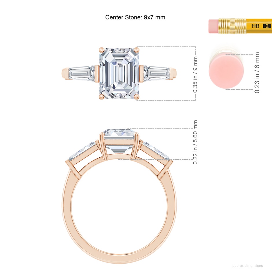 9x7mm GVS2 Emerald-Cut and Tapered Baguette Diamond Side Stone Engagement Ring in Rose Gold ruler