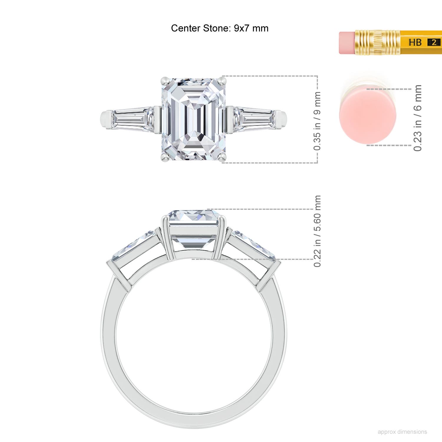 9x7mm HSI2 Emerald-Cut and Tapered Baguette Diamond Side Stone Engagement Ring in White Gold - ruler