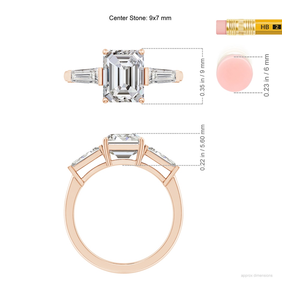 9x7mm IJI1I2 Emerald-Cut and Tapered Baguette Diamond Side Stone Engagement Ring in Rose Gold ruler