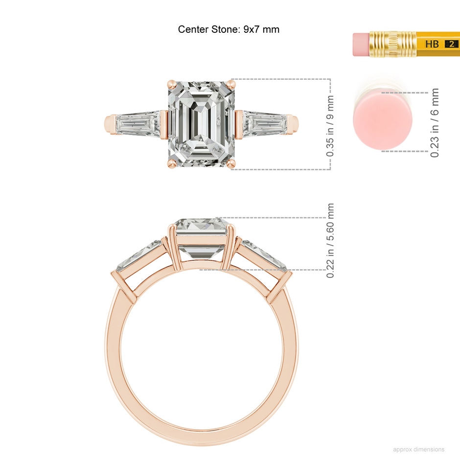 9x7mm KI3 Emerald-Cut and Tapered Baguette Diamond Side Stone Engagement Ring in Rose Gold ruler