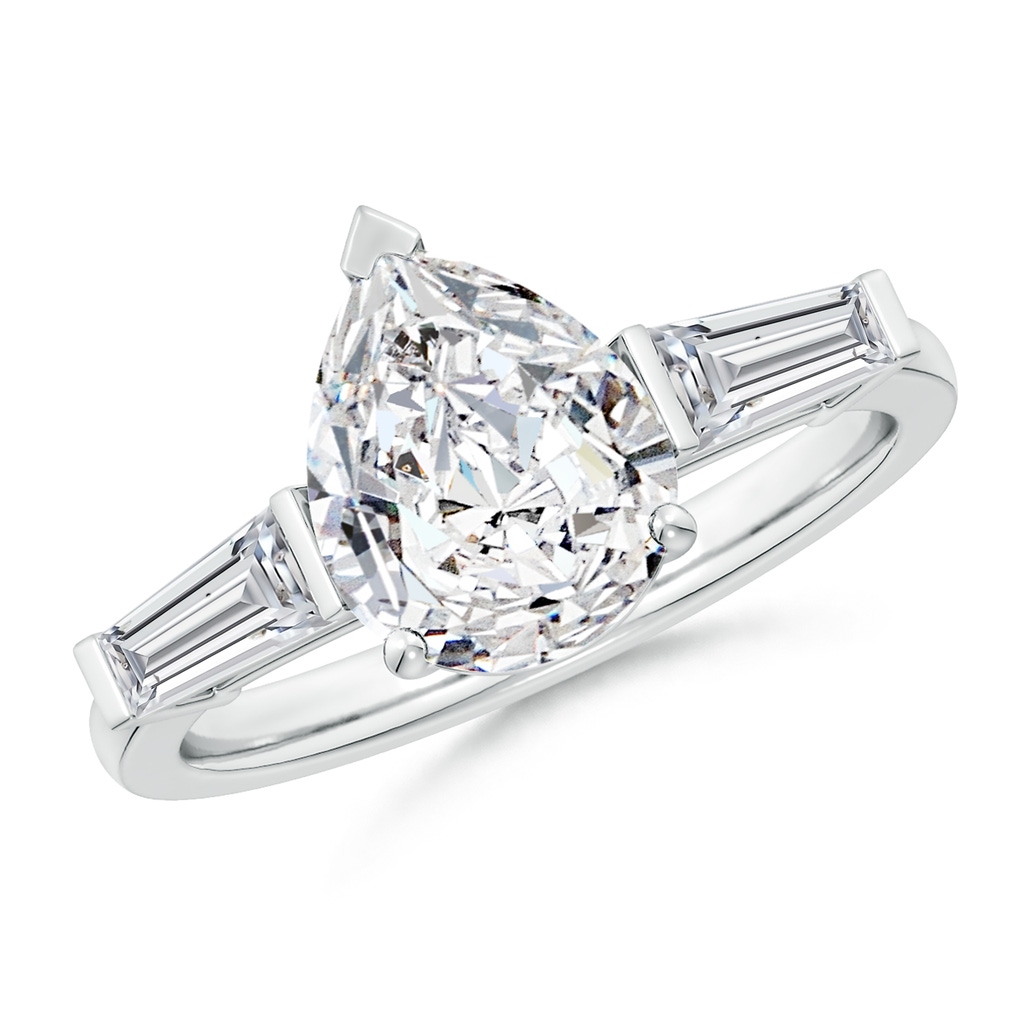10x8mm HSI2 Pear and Tapered Baguette Diamond Side Stone Engagement Ring in White Gold