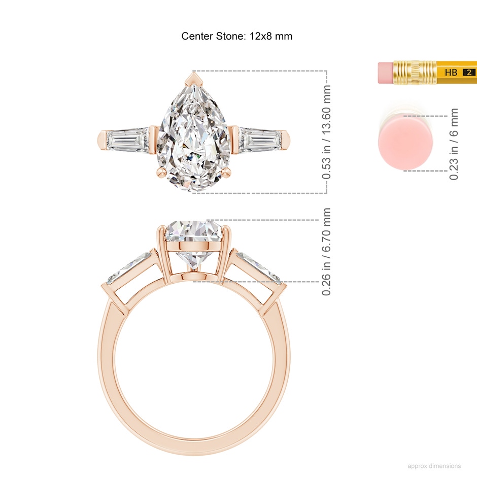 12x8mm IJI1I2 Pear and Tapered Baguette Diamond Side Stone Engagement Ring in Rose Gold ruler