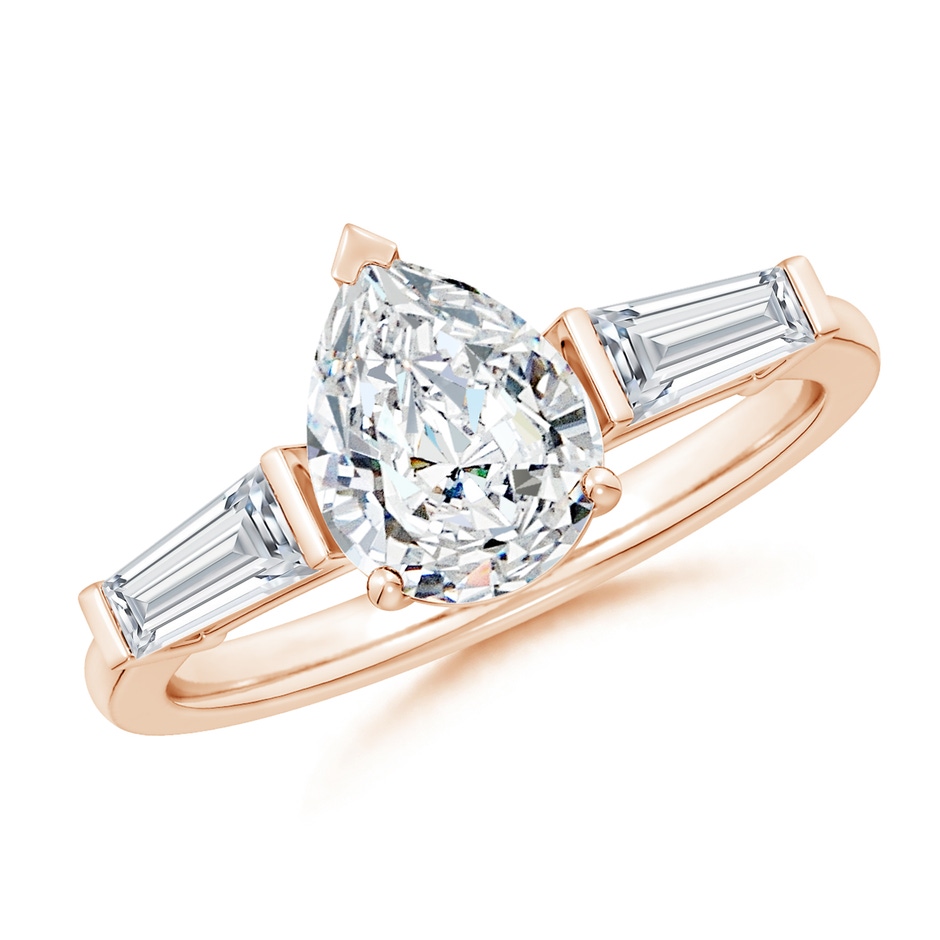 9x7mm GVS2 Pear and Tapered Baguette Diamond Side Stone Engagement Ring in Rose Gold 