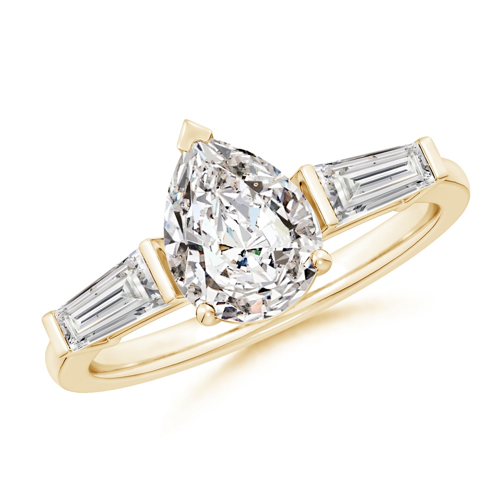 9x7mm IJI1I2 Pear and Tapered Baguette Diamond Side Stone Engagement Ring in Yellow Gold