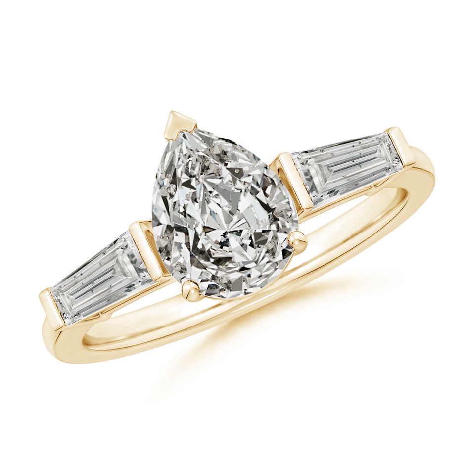 9x7mm KI3 Pear and Tapered Baguette Diamond Side Stone Engagement Ring in Yellow Gold 