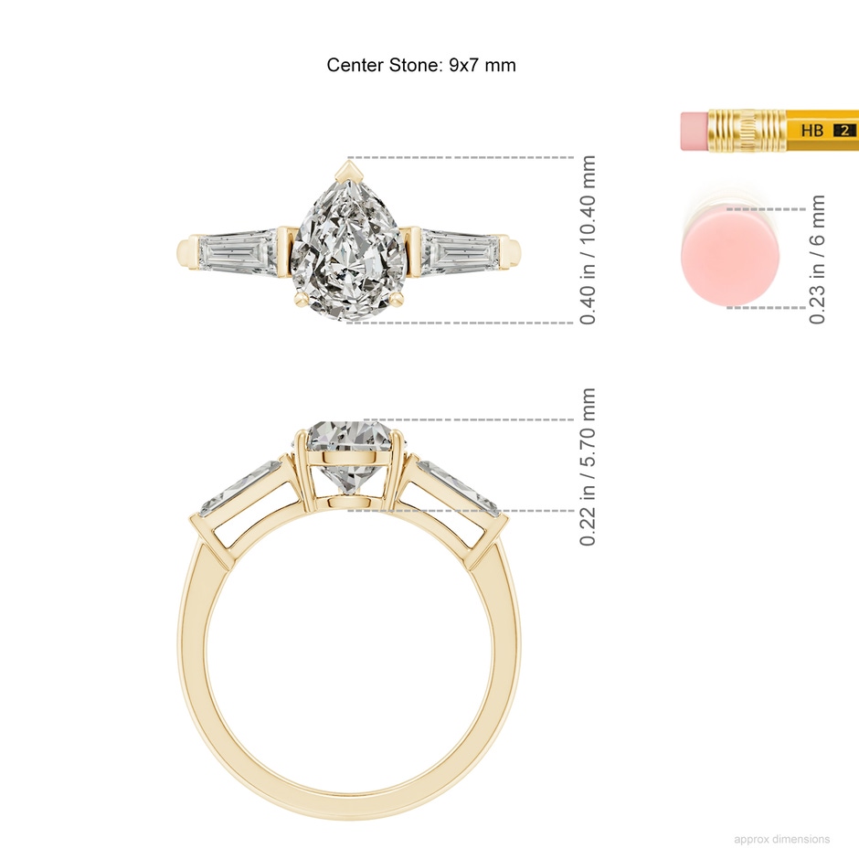9x7mm KI3 Pear and Tapered Baguette Diamond Side Stone Engagement Ring in Yellow Gold ruler