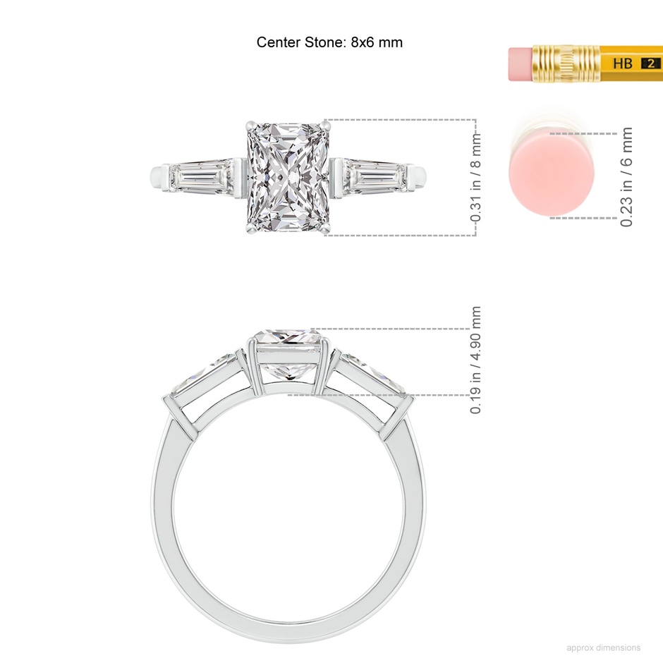 8x6mm IJI1I2 Radiant-Cut and Tapered Baguette Diamond Side Stone Engagement Ring in White Gold rule