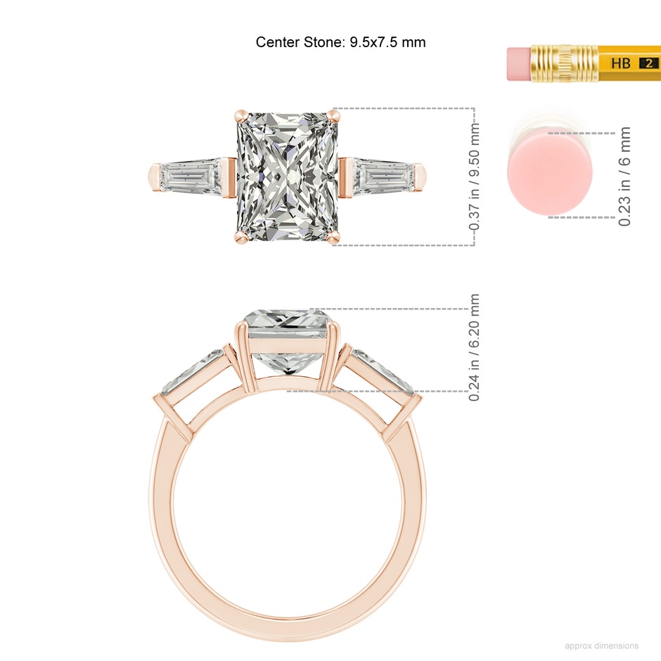 9.5x7.5mm KI3 Radiant-Cut and Tapered Baguette Diamond Side Stone Engagement Ring in Rose Gold rule