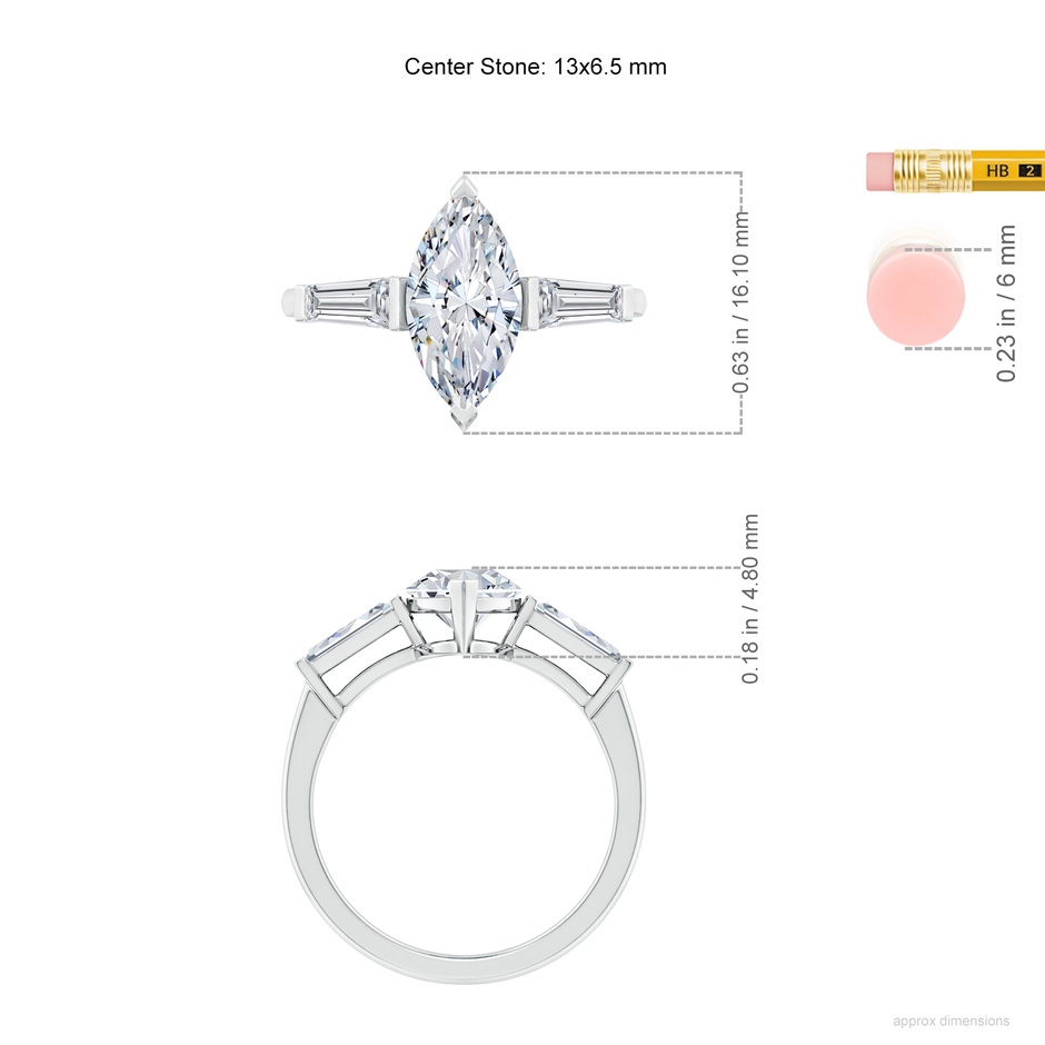 13x6.5mm HSI2 Marquise and Tapered Baguette Diamond Side Stone Engagement Ring in P950 Platinum ruler