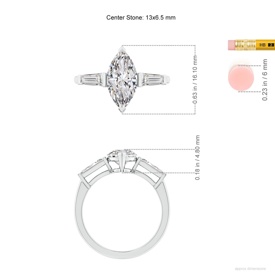 13x6.5mm IJI1I2 Marquise and Tapered Baguette Diamond Side Stone Engagement Ring in White Gold ruler