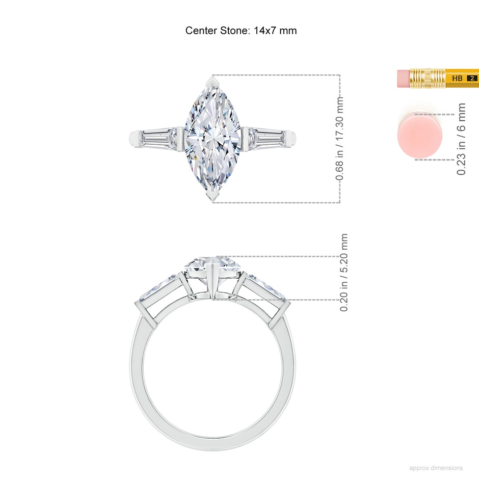 14x7mm HSI2 Marquise and Tapered Baguette Diamond Side Stone Engagement Ring in White Gold ruler