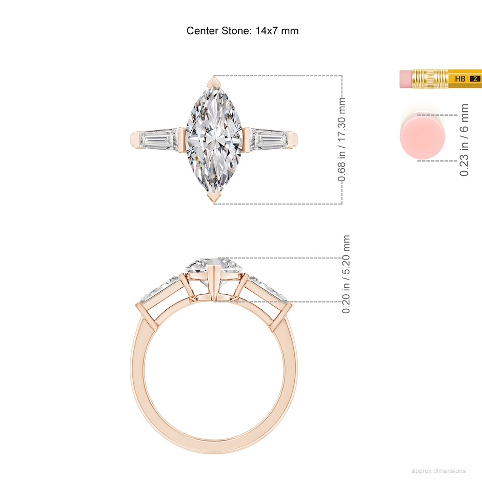 14x7mm IJI1I2 Marquise and Tapered Baguette Diamond Side Stone Engagement Ring in Rose Gold ruler