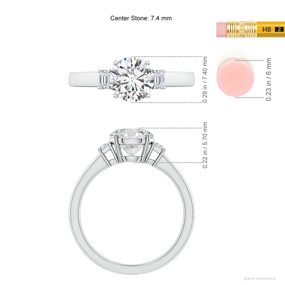 7.4mm HSI2 Round and Emerald-Cut Diamond Three Stone Engagement Ring in White Gold ruler